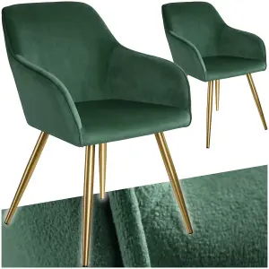 Chair Marilyn - with armrests, padded, velvet look, golden steel legs - dark green/gold