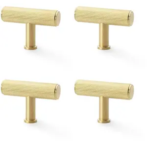 4 PACK - Reeded T Bar Cupboard Door Knob - 55mm x 38mm Satin Brass Lined Pull Handle