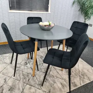 Dining Table Set Of 4 Round Grey Dining Table And 4 Black Velvet Tufted Chairs For Kitchen Room Dining Room