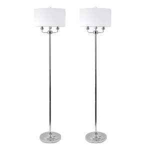 First Choice Lighting Pair of 3 Light Chrome Floor Standard Light with Light Cream Fabric Shade