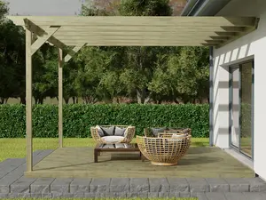 Wall mounted pergola and decking complete diy kit, Orchid design (3m x 3m, Light green (natural) finish)