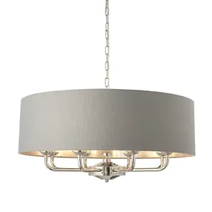 Luminosa Highclere Single Shade Pendant Light Bright Nickel Plate, Charcoal Fabric