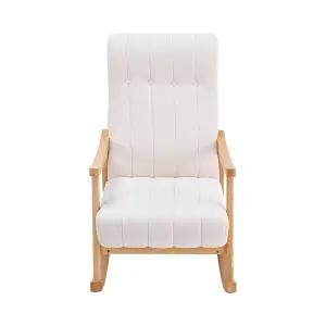 Upholstered Rocking Chair with Velvet Padded Seat Comfortable Rubberwood and High Back Armchair Beige for Living Room