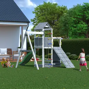 Shire Activity Tower Climbing Frame Finished in Grey and White Satin with Single Swing and Slide