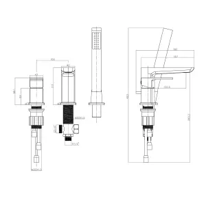 Zoia Black Deck Mounted 3 Hole Bath Shower Mixer