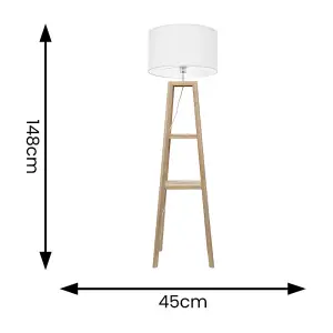 ValueLights Wakefield Two Storage Shelf Wooden Floor Lamp with White Fabric Shade and LED Bulb