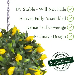 Pair of Best Artificial 24cm Yellow Lush Tulip Hanging Basket Flower Topiary Ball - Weather & Fade Resistant