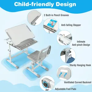 COSTWAY Kids Desk & Chair Set Adjustable Study Table with Tilting Tabletop