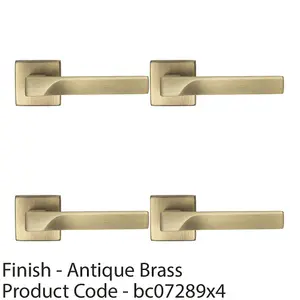 4 PACK - Premium Contoured Door Handle Set - Antique Brass Sleek Lever on Square Rose