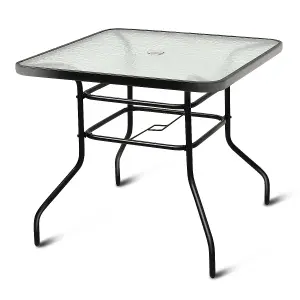 Costway Patio Bistro Table Glass Top Outdoor Square Coffee Tea Table with Umbrella Hole