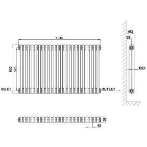 Horizontal White Double Column Radiator (H) 600mm x (W) 1010mm, 4600 BTU.