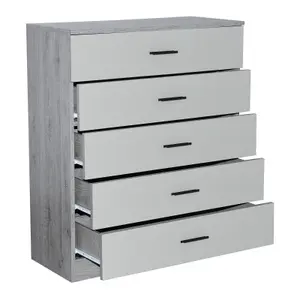 URBNLIVING Height 90.5cm 5 Drawer Wooden Bedroom Chest Cabinet Modern Ash Grey Carcass and Grey Drawers Wide Storage Cupboard