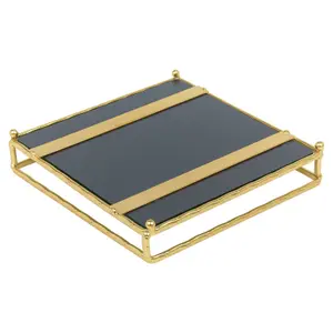 URBNLIVING Height 4cm Set of 2 Gold Metal Frame Square Mirror Tray Set Vanity Perfume Makeup Candle Trinket Tray