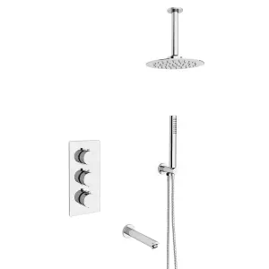 Flora Round 3 Way Concealed Thermostatic Shower Mixer Valve, Shower Head, Arm, Handset, Bath Spout Set Chrome