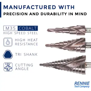 Rennie Tools 4-12mm HSS Cobalt Spiral Flute Step Cone Drill/Hole Cutter For Metal, Stainless Steel And Hard Metals. M35 8% Cobalt