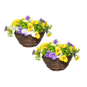 Pair of Artificial Pansy Flowers Rattan Hanging Basket Decoration Yellow Purple & White 25cm