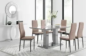 Imperia Grey High Gloss 6 Seater Dining Table with Structural 2 Plinth Column Legs 6 Beige Faux Leather Black Leg Milan Chairs