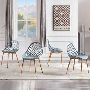 Dining Chair Plastic Seat with Sturdy Metal Legs (Set of 4) Light Blue/Natural