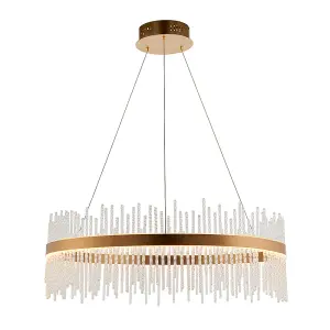 Brushed Gold Ceiling Pendant Light - Decorative Glass Rods - Integrated LED