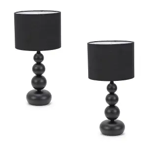 ValueLights Marissa Pair - Matt Black Stacked Ball Bedside Light Table Lamp with Drum Shade