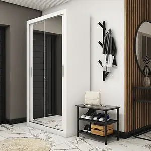 Chic Mirrored Sliding Wardrobe with Shelves in White - Organiser Dream (H2150mm x W1200mm x D600mm)