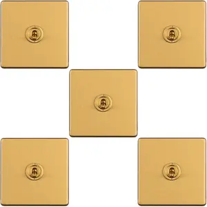 5 PACK 1 Gang Single Retro Toggle Light Switch SCREWLESS SATIN BRASS 10A 2 Way