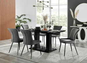 Imperia Black High Gloss 6 Seater Dining Table with Structural 2 Plinth Column Legs 6 Dark Grey Velvet Black Leg Nora Chairs