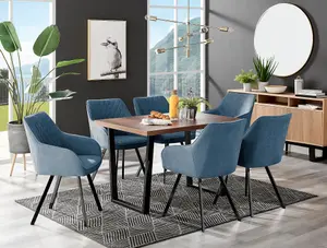 Furniturebox Kylo Brown Rectangular Wood Effect Dining Table & 6 Blue Fabric Falun Black Leg Chairs