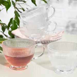 Set of 12 Embossed Footed Glass Coffee Mug Clear Tea Cups