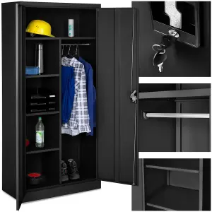 Filing Cabinet - locker with 6 shelf compartments, clothes rail, 2 wing doors - black