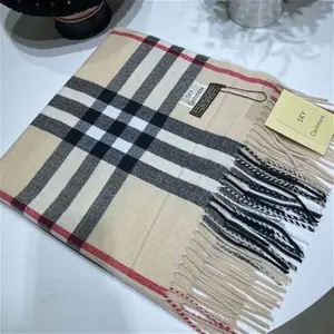 (Beige) Men Ladies Women Classic Checked Tartan Print Plain Tassel Scarf Burberry Style