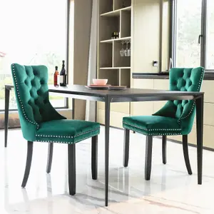 Set of 6 Lux Green Velvet Kitchen Dining Chairs with Pull Knocker Ring Back Bedroom Office Chairs