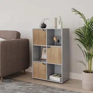 URBNLIVING 6 Cube Grey Wooden Bookcase Shelving Display Shelves Storage Unit Wood Shelf Oak Door