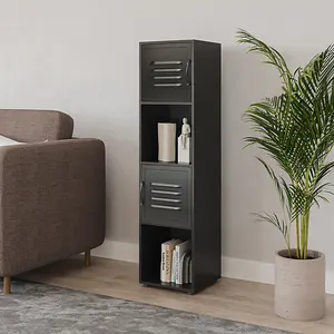 URBNLIVING 120cm Height 4 Cube Bookcase Black Metal Door Display Storage Unit Shelving Cupboard  Black