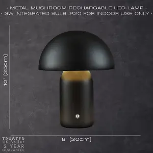 Modern Rechargeable Mushroom Table Lamp in Mat Black with Touch Dimmer Button