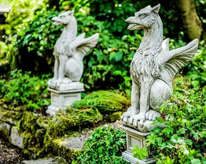 Large Pair Of Winged Stone Griffin Ornaments Gargoyle Gryphon  with Plinths