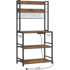 VASAGLE Kitchen Storage Rack with Power Outlet, Coffee Bar, Baker's Rack, with Wire Panel, Hooks, Rustic Brown and Ink Black