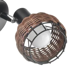 Industrial and Vintage Black Switched Wall Light with Dark Rattan Framed Shade