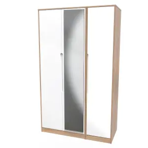 Turin Tall Triple Mirror Wardrobe in White Gloss & Bardolino Oak (Ready Assembled)