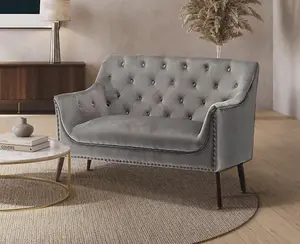 2 Seater Loveseat Small Sofa in Light Grey Velvet Fabric