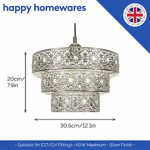 Polished Silver Acrylic Gem Moroccan Style Triple Tier Pendant Lighting Shade