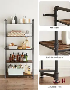 VASAGLE Bathroom Shelves, 5-Tier Storage Rack, Storage Stand with Adjustable Shelves, Rustic Brown and Ink Black