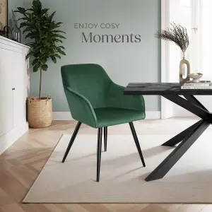 Chair Marilyn - with armrests, padded, velvet look, black steel legs - dark green / black