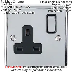 3 PACK 1 Gang Single UK Plug Socket POLISHED CHROME 13A Switched Black Trim