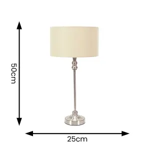 ValueLights Maggie Brushed Chrome Candlestick Table Lamp with Natural Fabric Drum Shade and LED Bulb