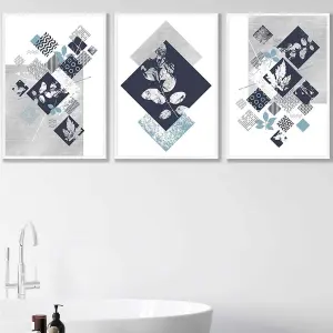 Set of 3 Graphical Abstract Floral Navy Blue Grey Wall Art Prints / 50x70cm / White Frame