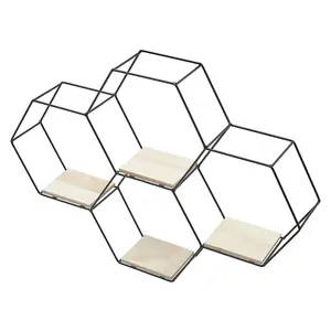 4 Compartments Modern Floating Hexagon Wall Shelf Intersecting Shelves with Iron Frame