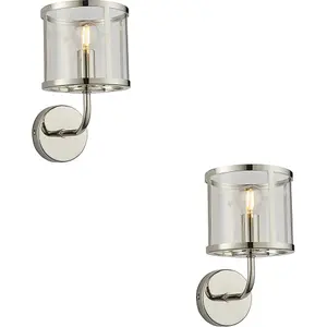 2 PACK Indoor Bright Nickel Plate Wall Light - Clear Glass Shade - Dimmable 7W LED E14