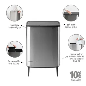 Brabantia Bo Hi 30 Litre + 30 Litre Touch Bin with Two Inner Buckets Matt Steel Fingerprint Proof