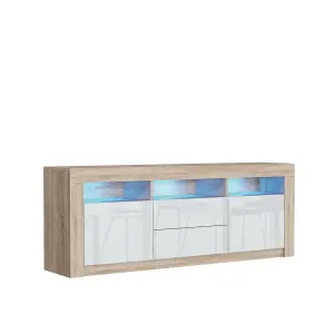 Shine TV Unit 160cm Oak & White with High Gloss Doors and LED Lighting - Creative Furniture